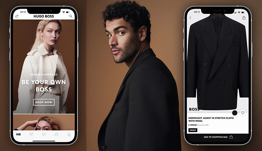 Zwei Mock-ups der HUGO BOSS App neben Matteo Berrettini im Anzug (Foto)