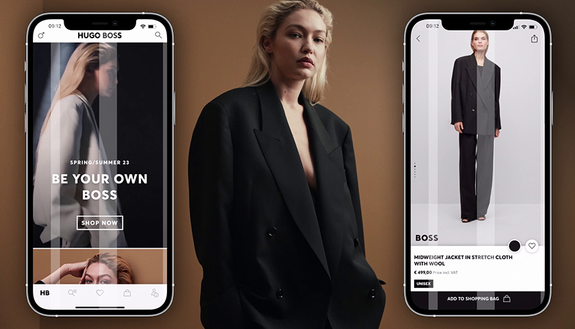 Powerful Touchpoints – Zwei Mock-ups der HUGO BOSS app beiderseits Matteo Berrettini im Anzug (Foto)